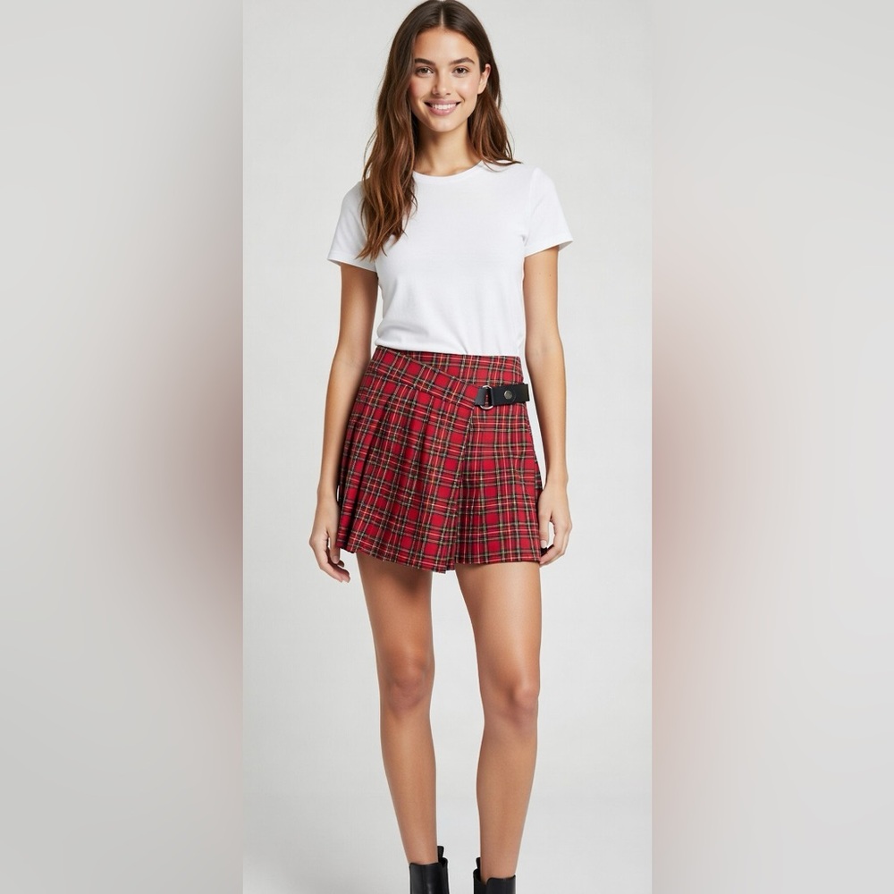 Topshop Plaid Pleated Belt Strap Skirt
